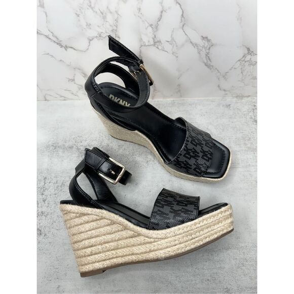 DKNY Sandals Womens Size 5 Black Ankle Strap Espadrille Open Toe Wedges New - Picture 8 of 12